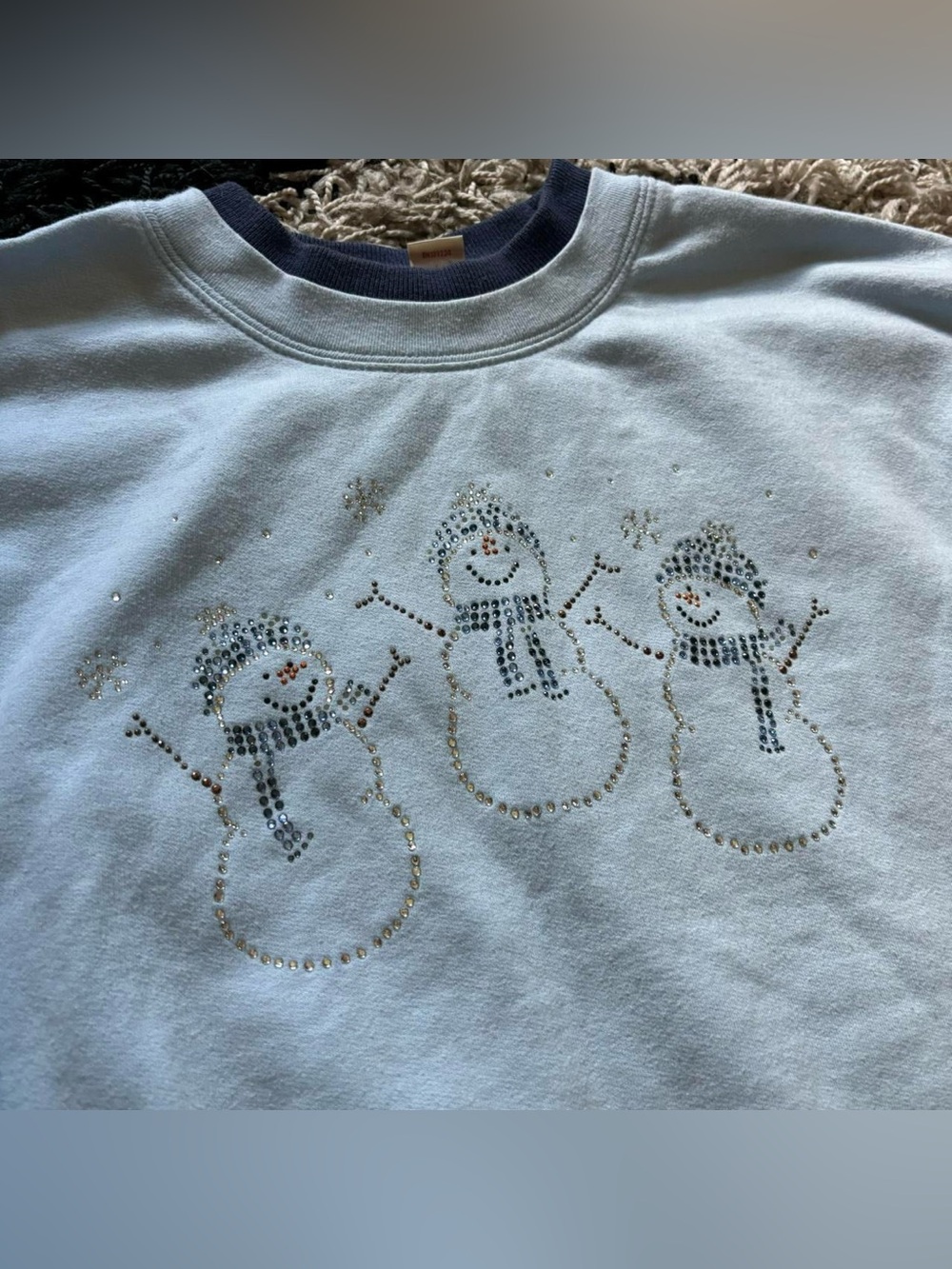 Top Stitch Blue Bedazzled Snowman Snowflake Layered Collar Crewneck Sweater